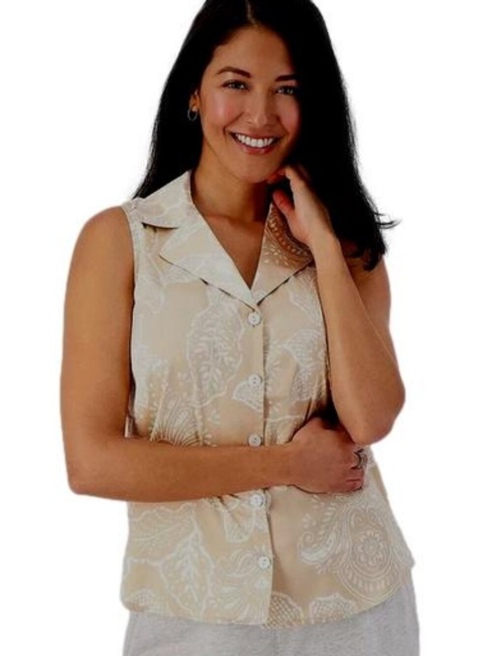 Breezies Lounge Satin Breeze Sleep Tank Oat White Botanical Buttonup Size M NWT
